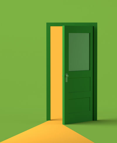 Door opening with light on green background. Copy space. 3D illustration.